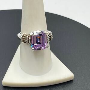 Designer 925 Sterling Silver Large Rectangle‎ Cut Purple Blue Prong CZ Ring Sz 9